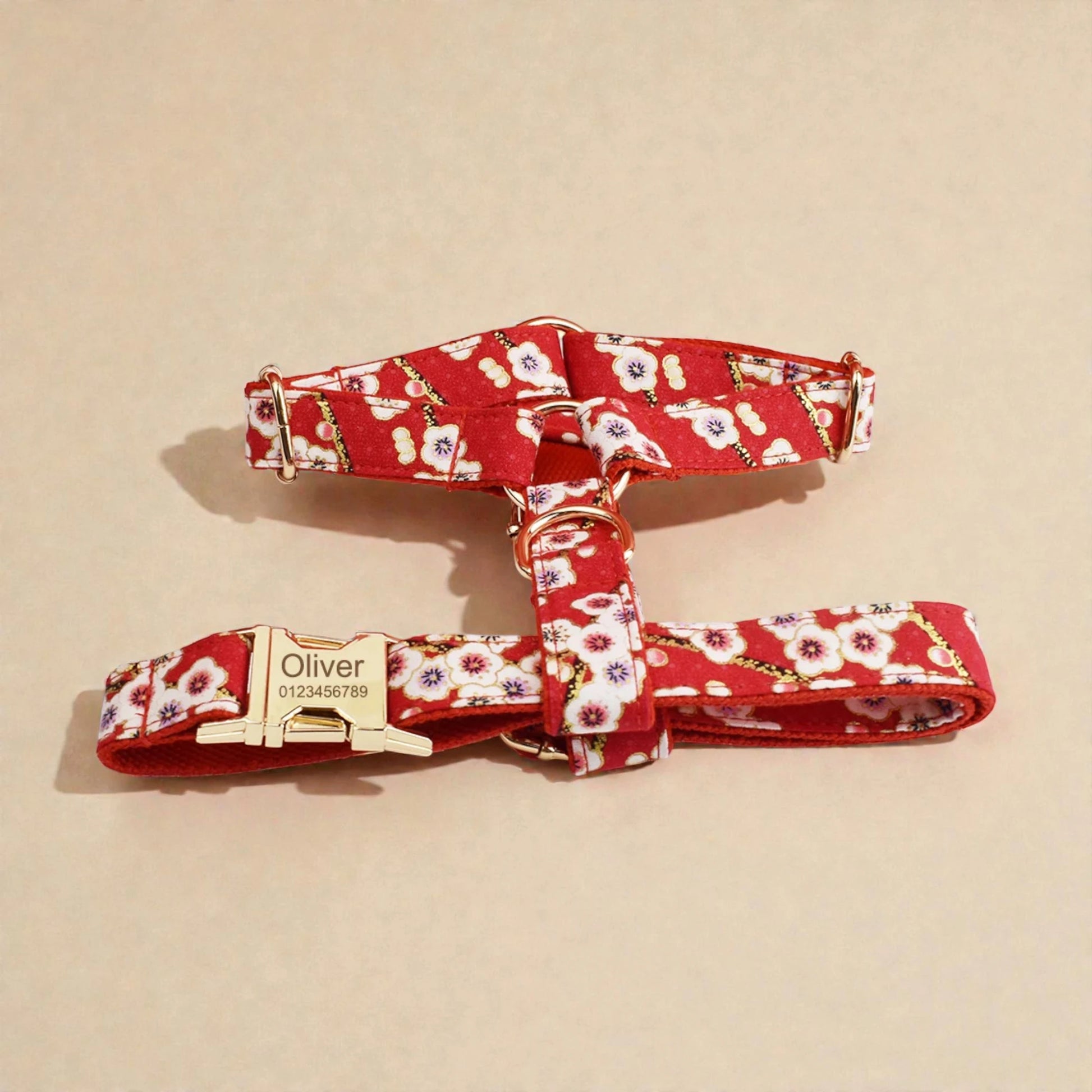 Red floral dog harness and leash set on a beige background