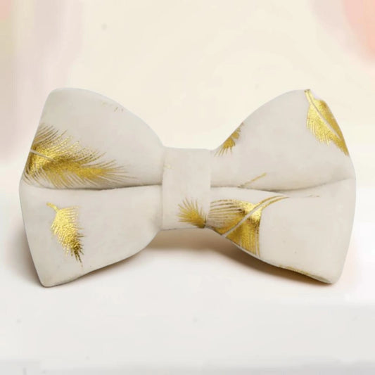 A golden feather detachable dog bow tie