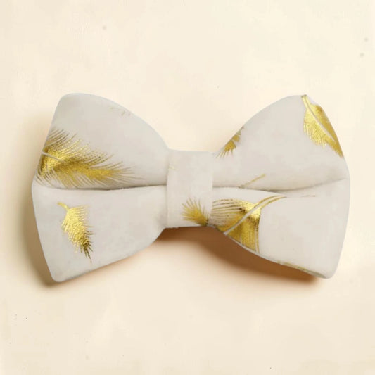 A golden feather detachable dog bow tie