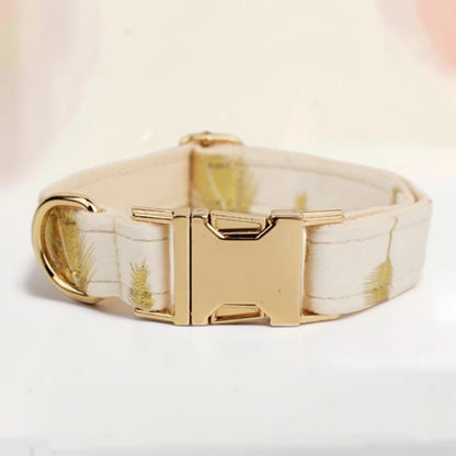A dog collar with a cream-colored fabric strap featuring a subtle gold feather pattern, finished with a polished gold-tone metal buckle and D-ring.