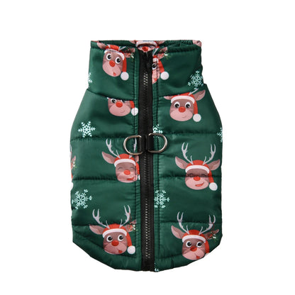 green dog coat with reindeer pattern