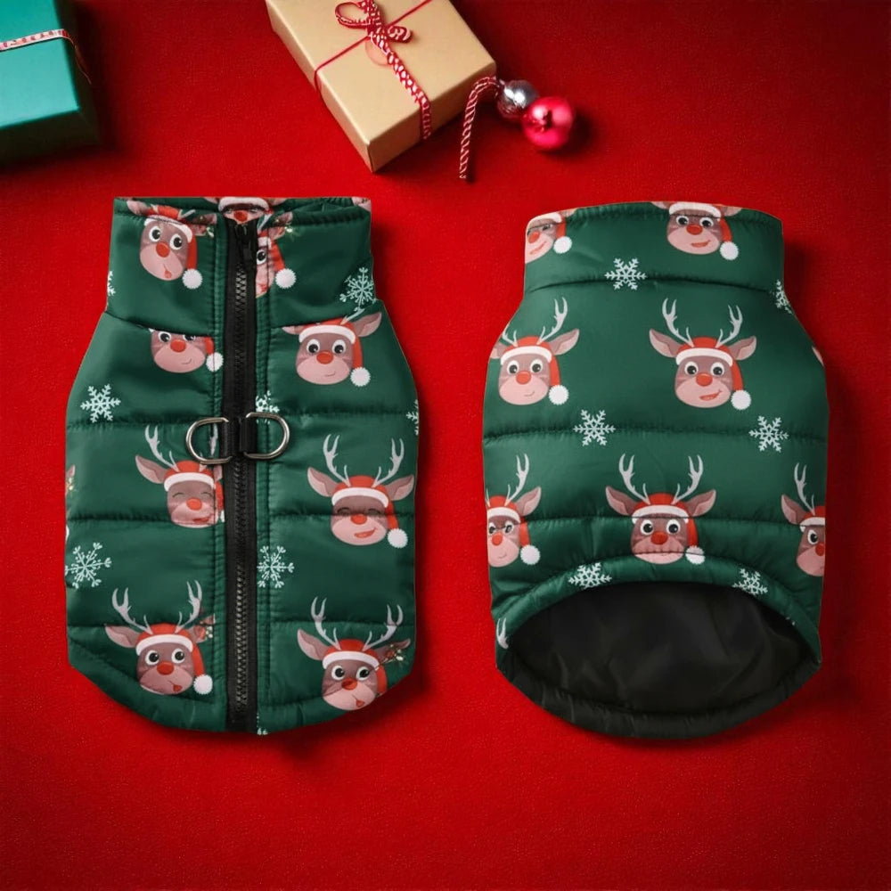 green pet coat with reindeer pattern on a red background