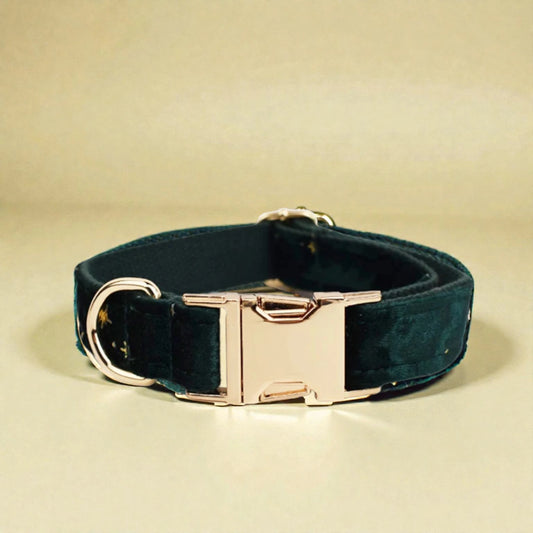 Green velvet dog collar with a gold buckle on a beige background