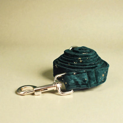 Green velvet dog lead with gold clip on a beige background