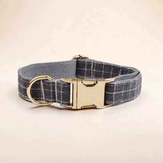 Grey check dog collar with gold buckle