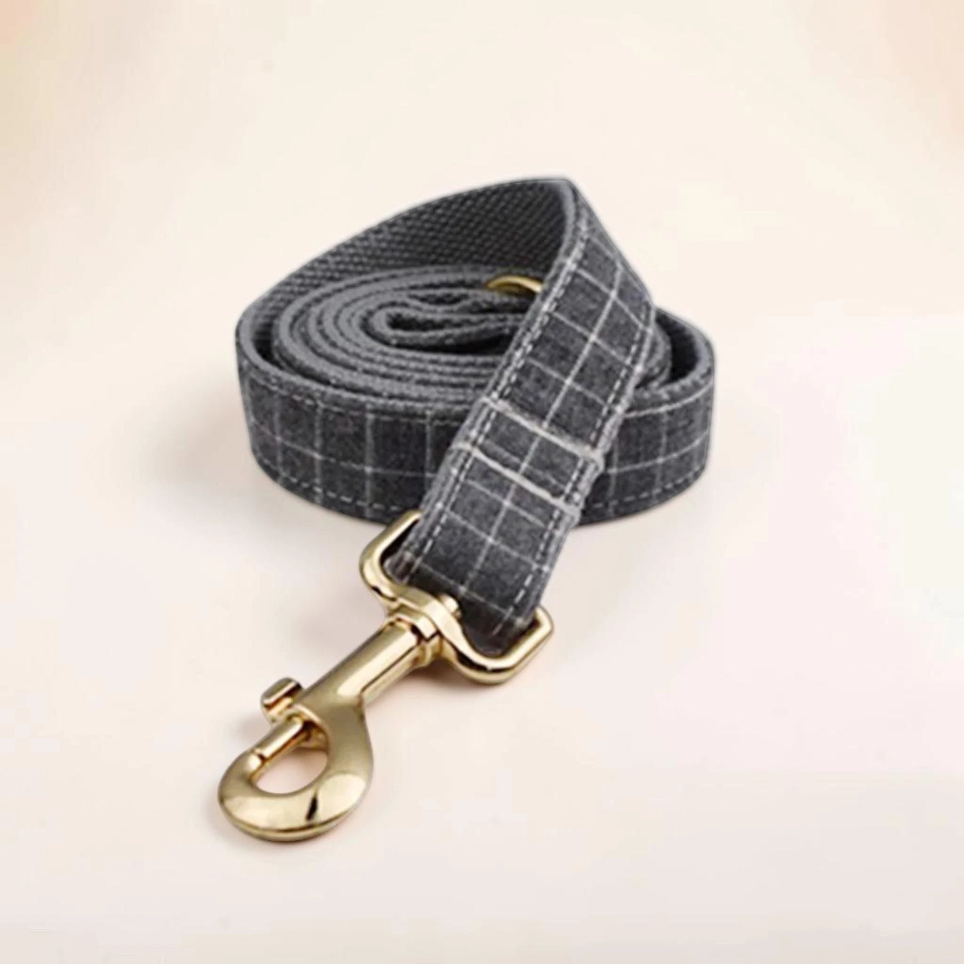 A grey check dog lead with a gold clip.