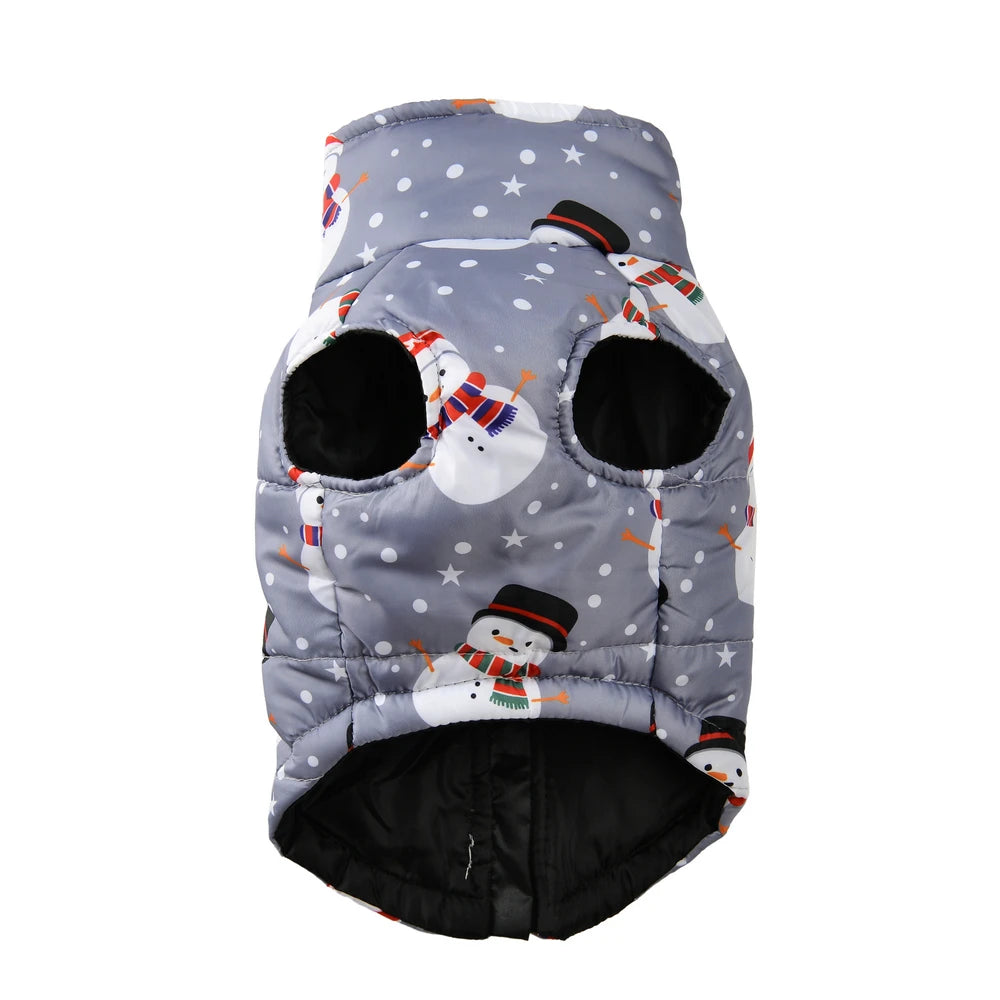 Gray pet coat with snowman pattern on a white background