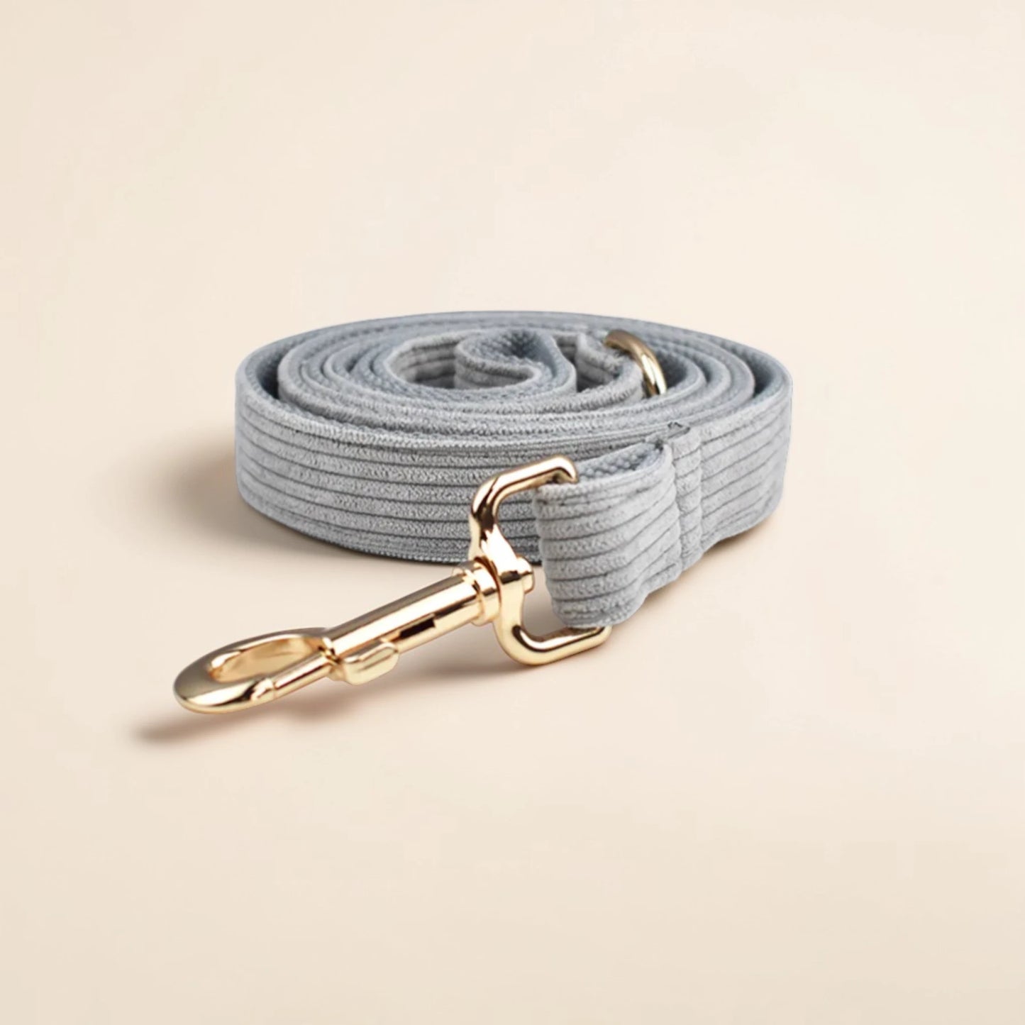 Grey dog lead with gold clasp on a beige background