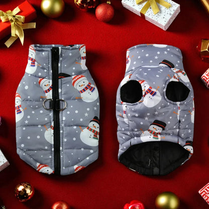 grey dog vests with snowman pattern on a red background with Christmas decorations.
