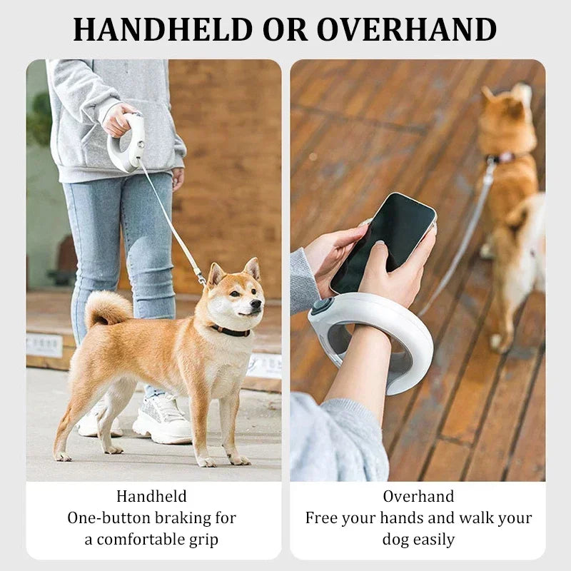 Two images showing a dog being walked with a handheld and overhand lead system.