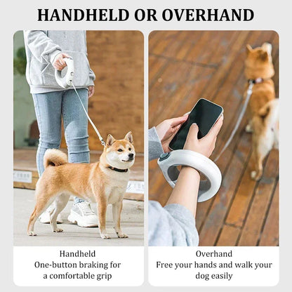 Two images showing a dog being walked with a handheld and overhand lead system.