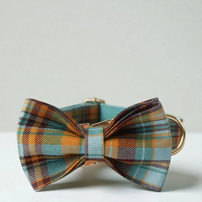 Plaid bow tie and collar set on a light gray background