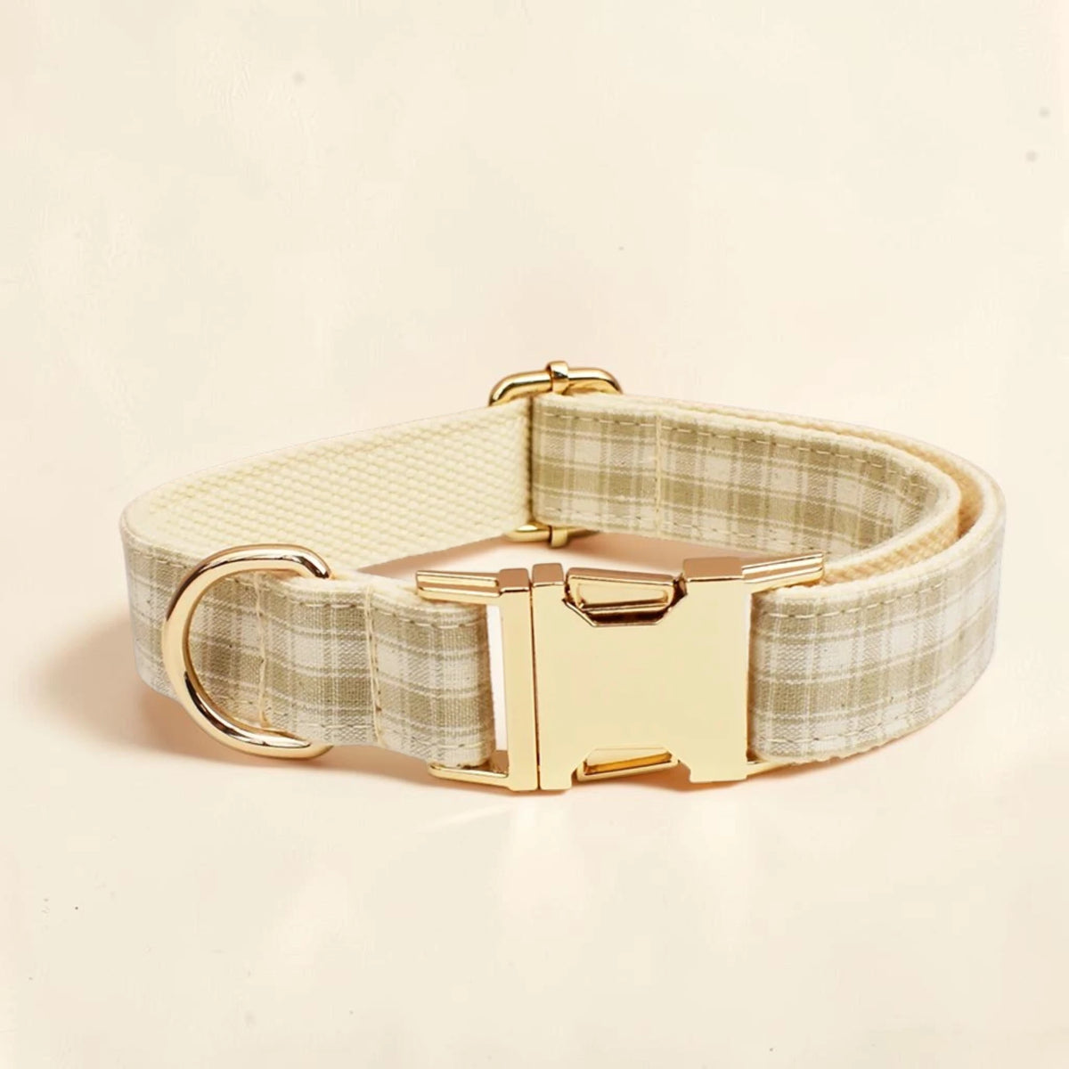 Beige heritage check personalised dog collar with a gold buckle