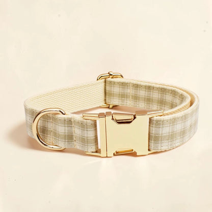 Beige heritage check personalised dog collar with a gold buckle