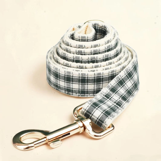 A fabric dog lead with a green and cream plaid pattern and a shiny gold-tone metal clasp.