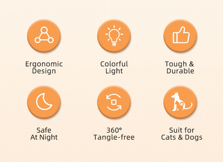 Set of icons and text describing features on a beige background
