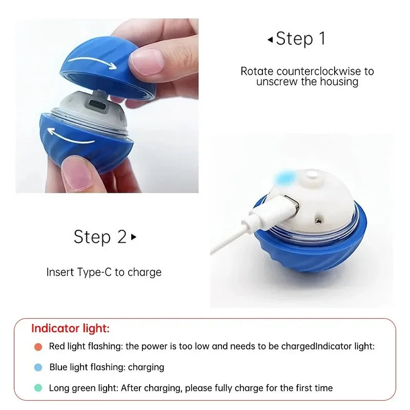 Step-by-step guide on how to use a blue electronic device with charging instructions.