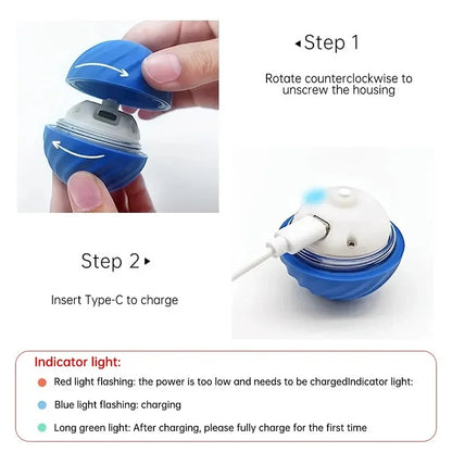 Step-by-step guide on how to use a blue electronic device with charging instructions.