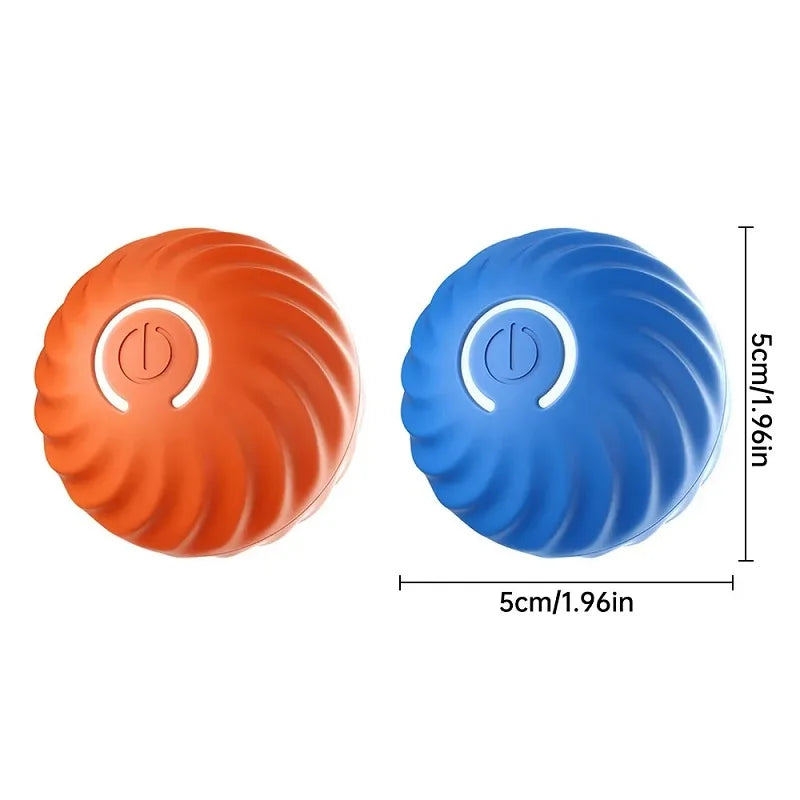 Orange and blue swirled balls with a power symbol, shown with measurements on a white background.