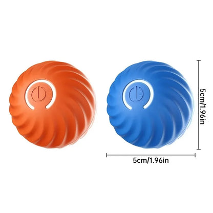 Orange and blue swirled balls with a power symbol, shown with measurements on a white background.
