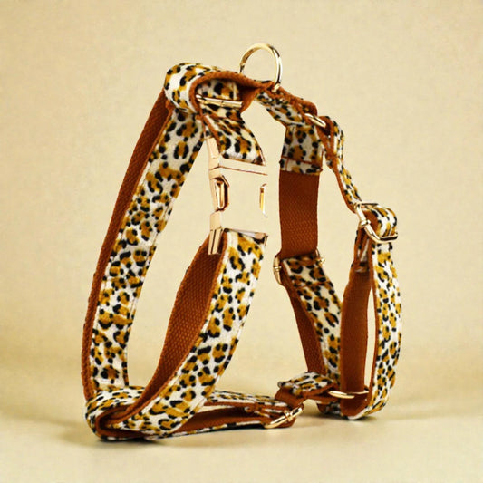 Leopard print dog harness on a beige background
