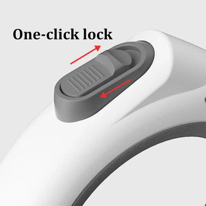 Close-up of a one-click lock mechanism on a product with a gray button and white background.