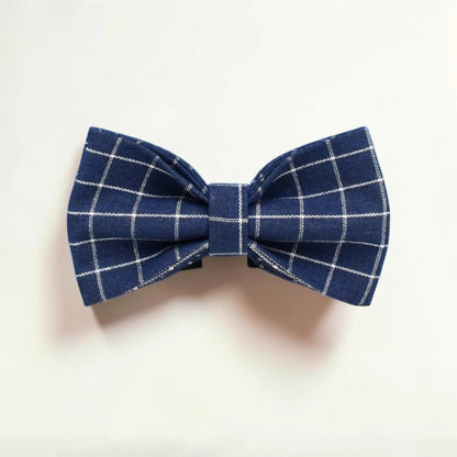 Blue check dog bow tie on a light beige background