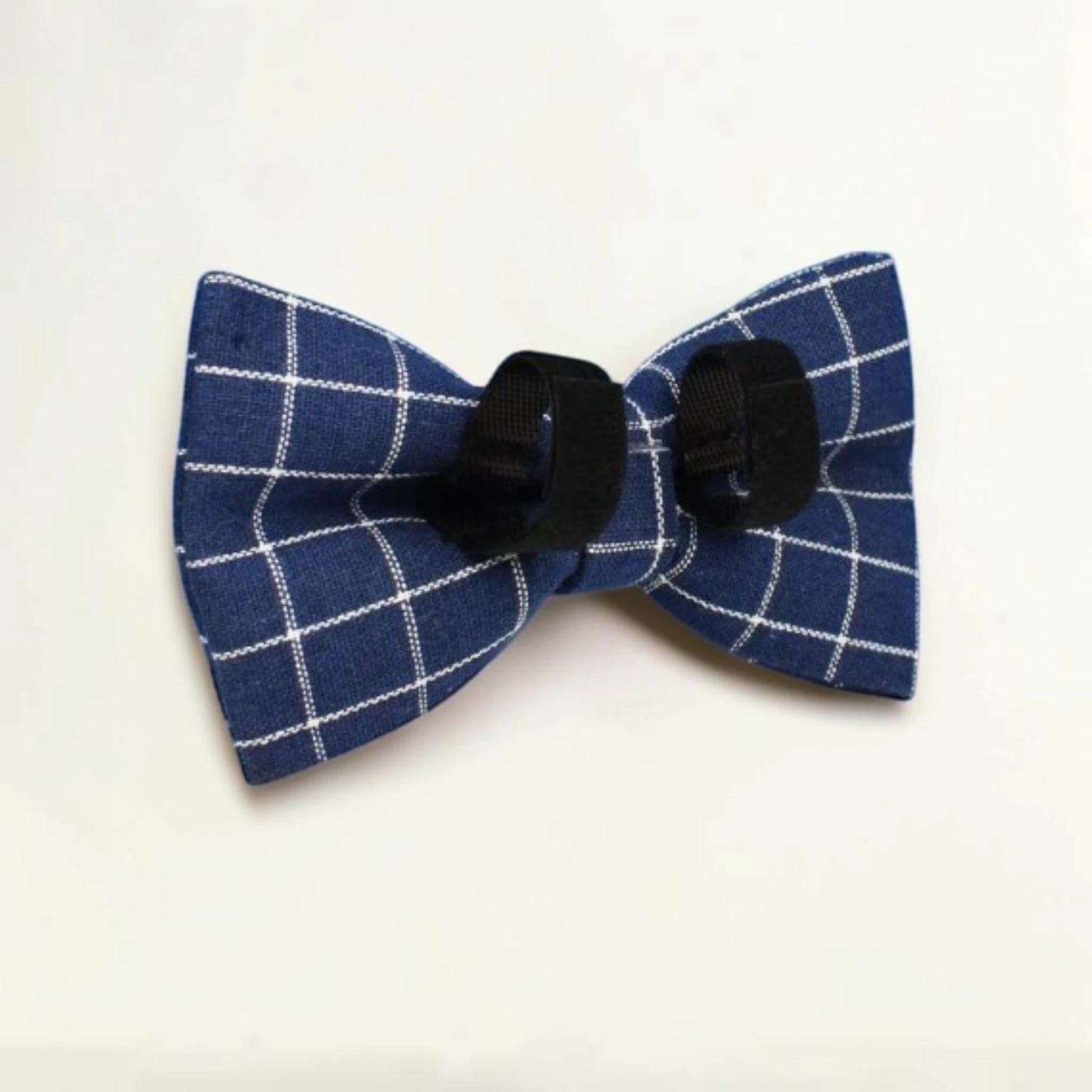 Blue check detachable dog bow tie on a white background