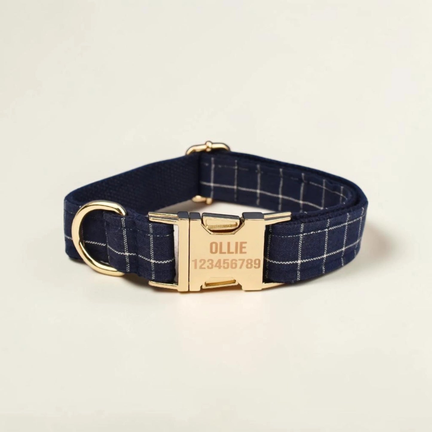 Navy check dog collar with gold buckle on a beige background