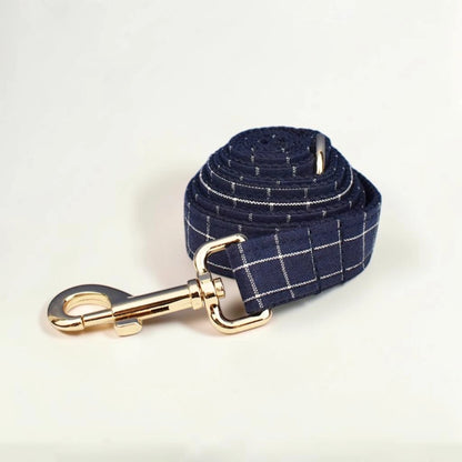 Navy check dog lead with gold clip