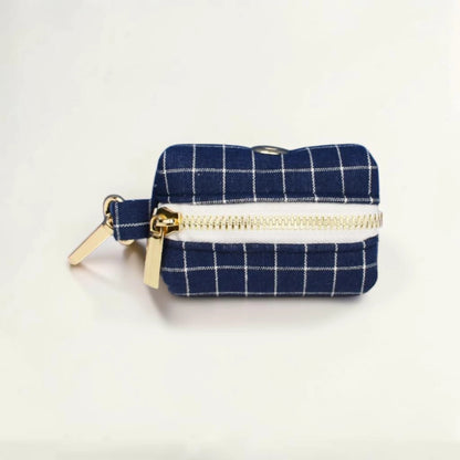 Navy check dog poop bag holder with gold zip and clip
