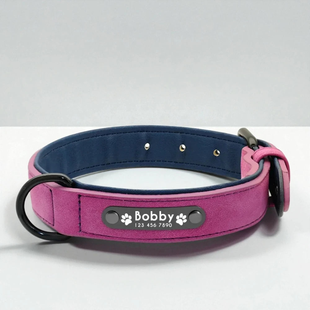 Personalised Faux Leather Dog Collar with Laser-Engraved Nameplate  Soft Padded & Adjustable S – XXL