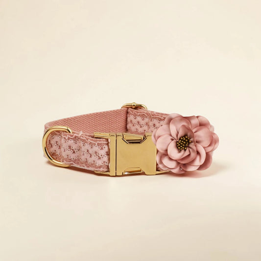 pink lace personalised dog collar with pink flower