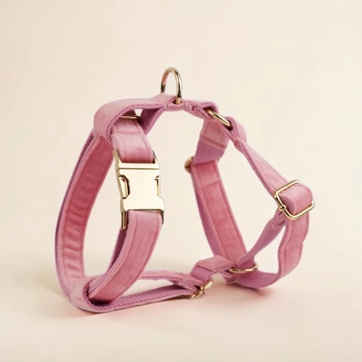 Pink dog harness with gold hardware on a beige background