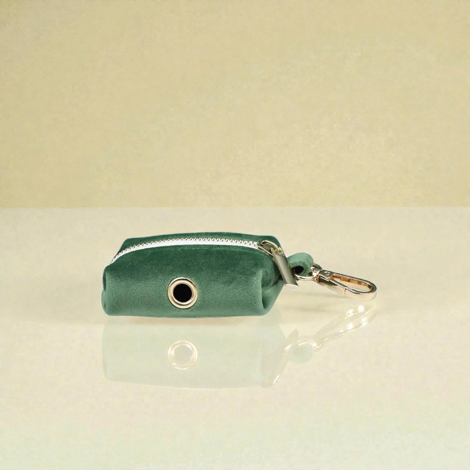 Green  dog poop bag holder with a zip on a beige background