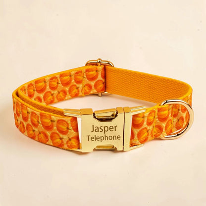 A personalised dog collar featuring a vibrant orange and yellow pumpkin pattern, a gold metal buckle and a gold metal D-ring.