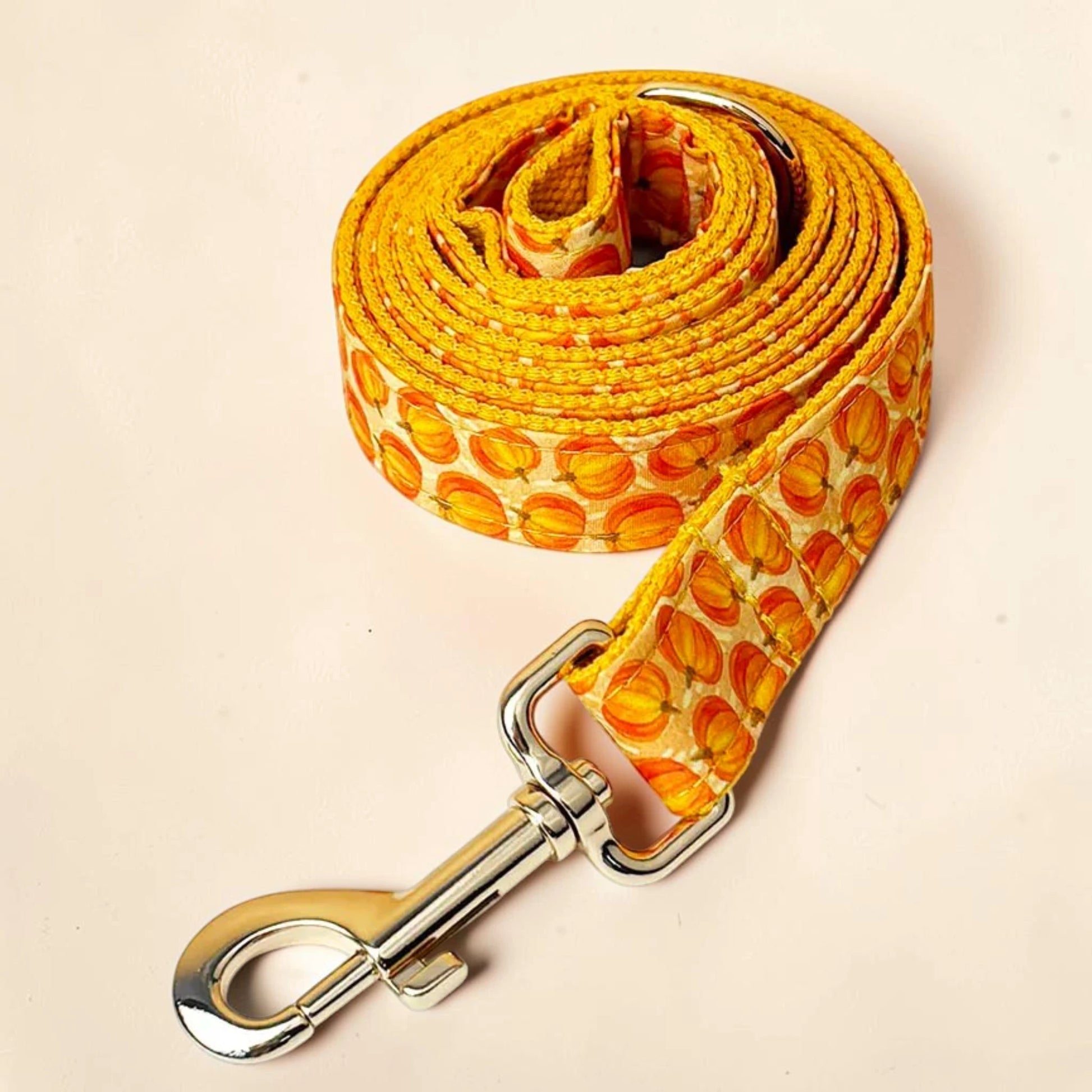 A orange pumpkin fabric dog lead with a and a metal snap hook clasp.