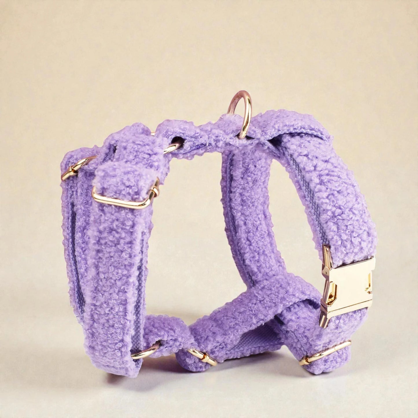Purple dog harness with gold hardware on a beige background