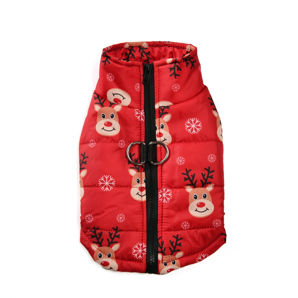 red dog coat with reindeer pattern