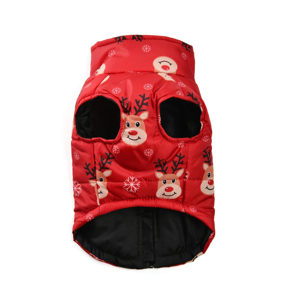 Red pet vest with reindeer pattern on a white background