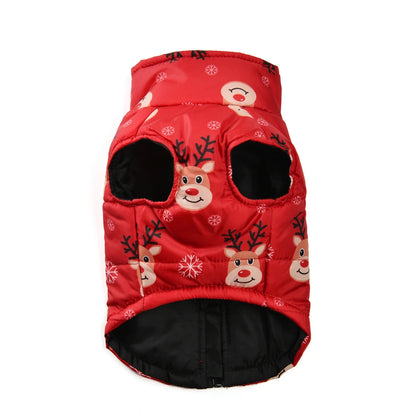 Red pet vest with reindeer pattern on a white background