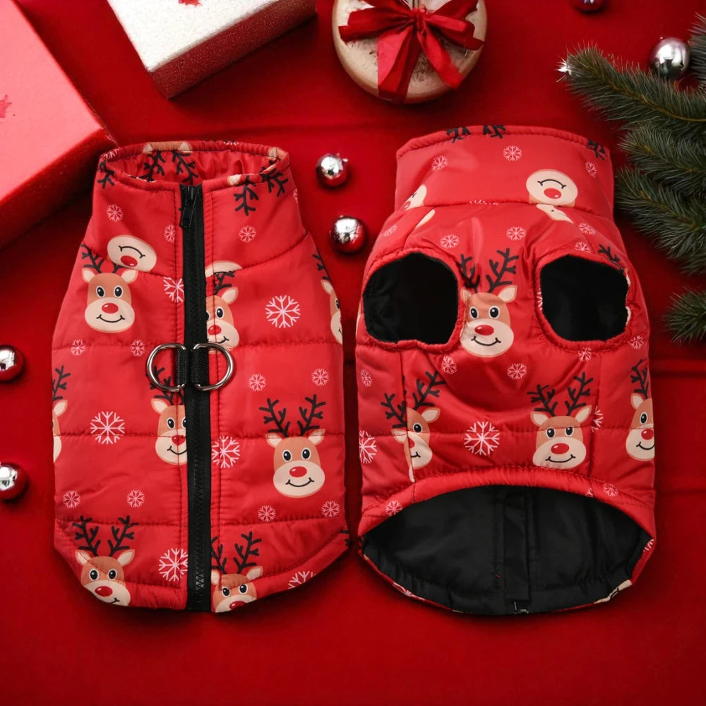 Red dog vest with reindeer pattern on a red background