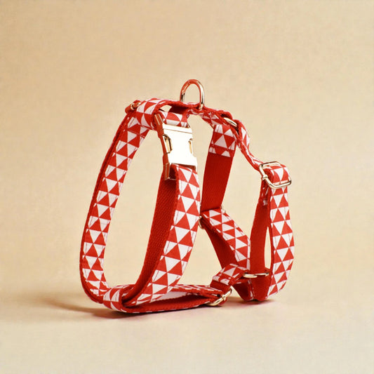 Red and white geometric patterned dog harness on a beige background