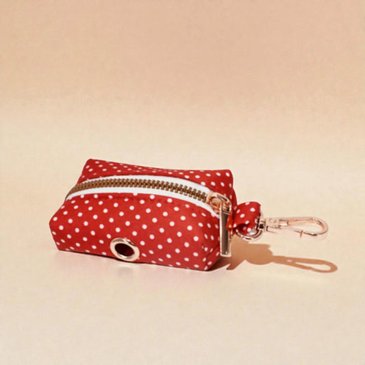 Red polka dot dog poop bag holder ¿with gold clip and zip