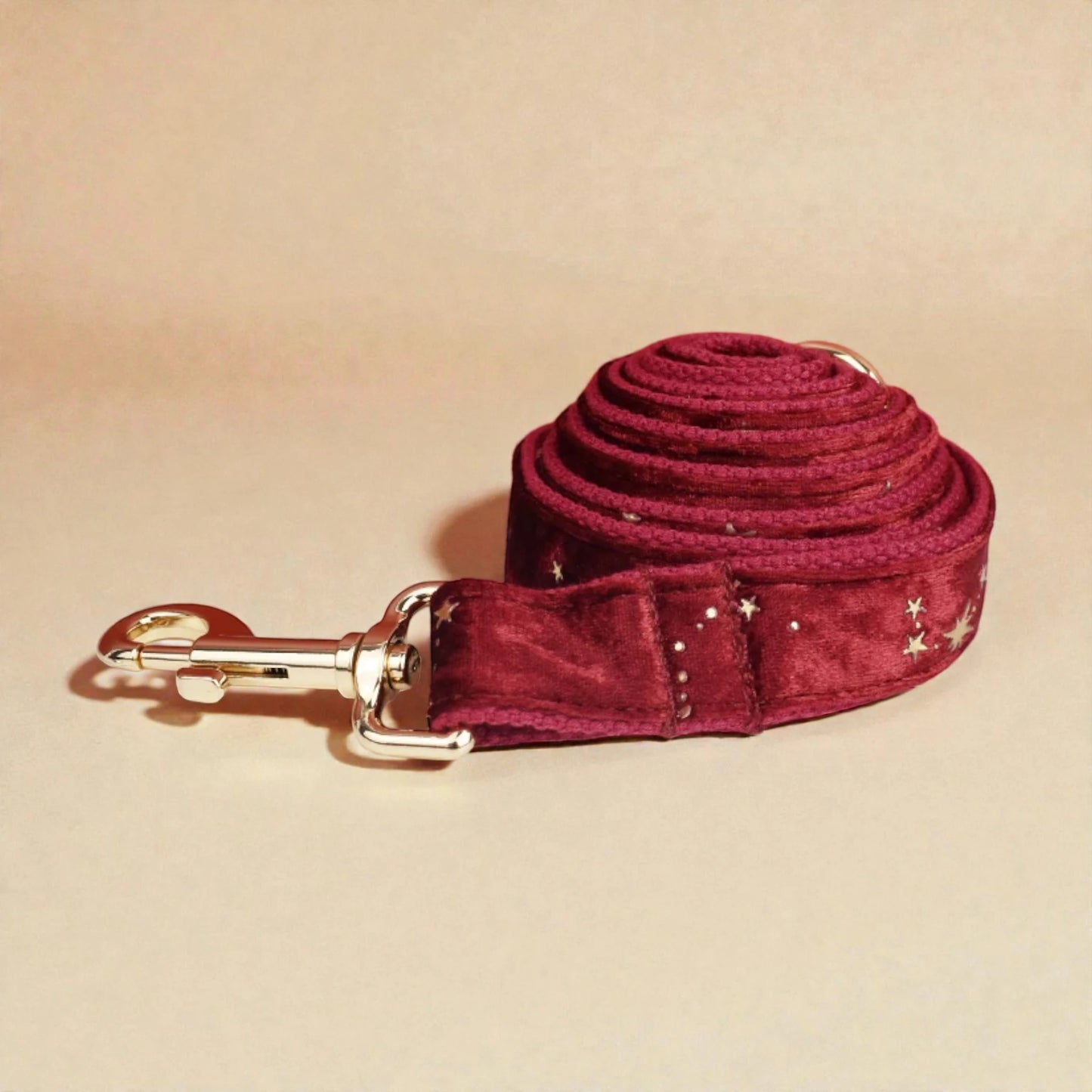 Red dog lead with gold clasp on a beige background
