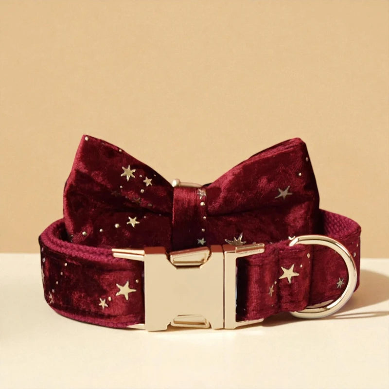 Red velvet dog collar with gold hardware and star patterns on a beige background