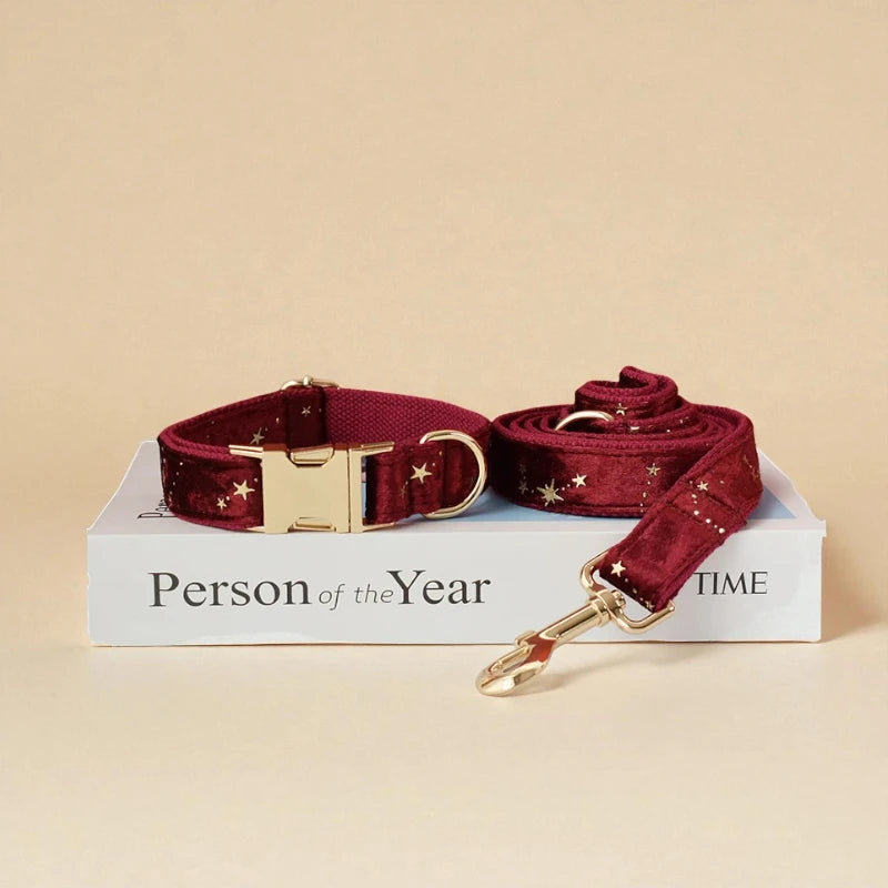 Red dog collar and leash set on a white box with 'Person of the Year' text on a beige background
