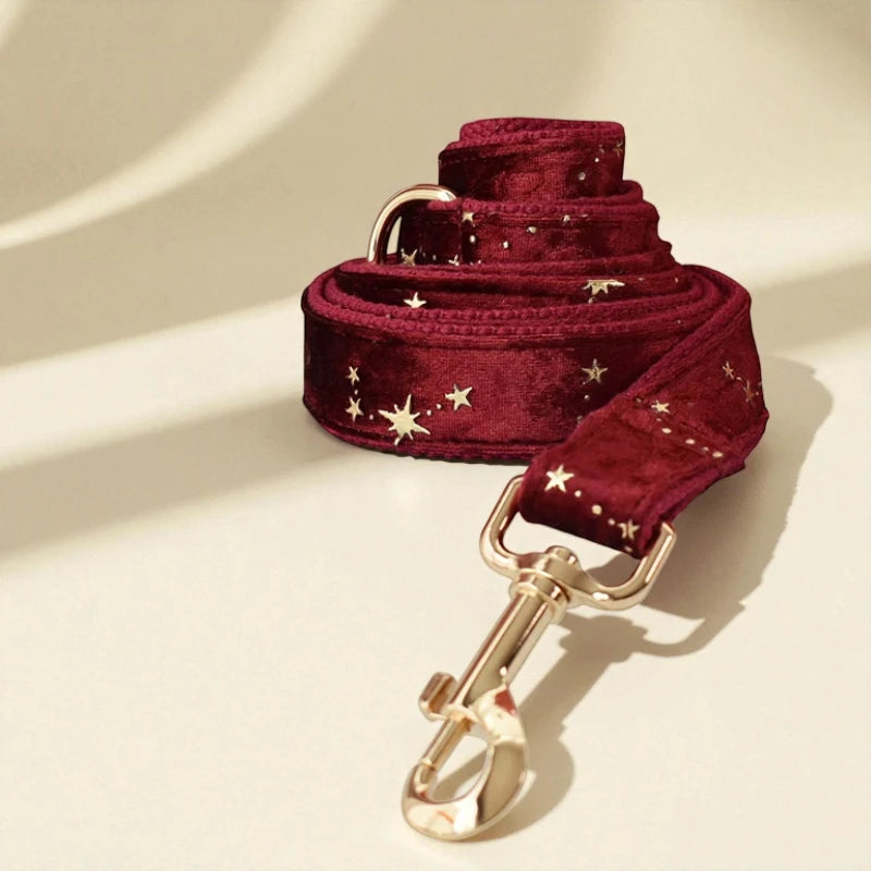 Maroon dog leash with gold star patterns and gold clasp on a beige background