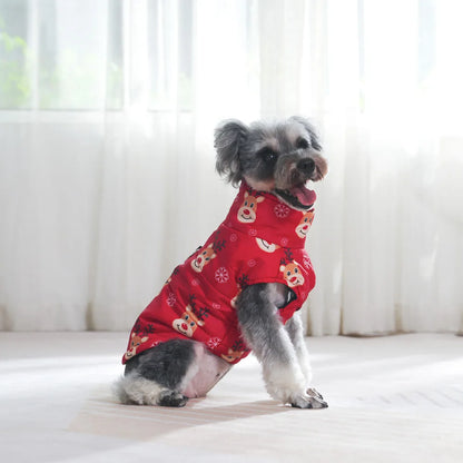 Small dog wearing a red outfit with reindeer patterns on a white background