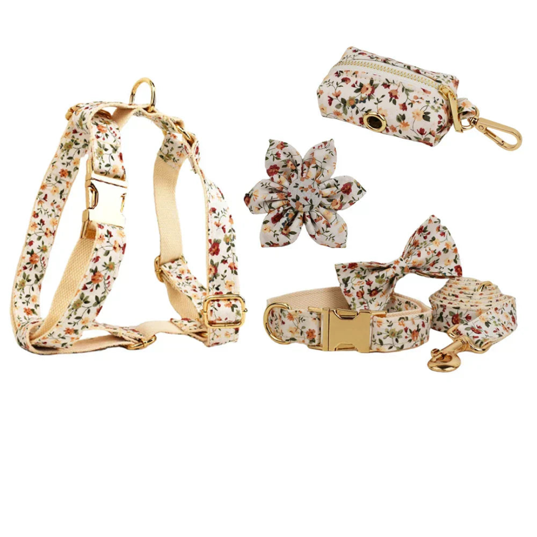 Floral dog harness set with detachable bow and flower, engravable, soft cotton.